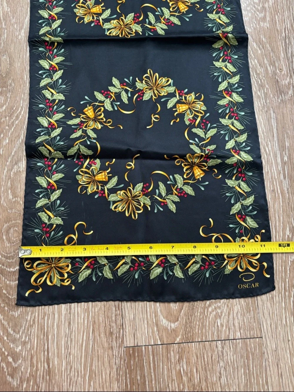 Vintage Oscar de la Renta silk scarf, Holiday/Christmas Wreath/Bell 11.5” x 53”